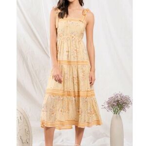NWOT 𖤓 Anthropologie By the River 🐰 Yellow Midi Dress. Floral & tie straps.